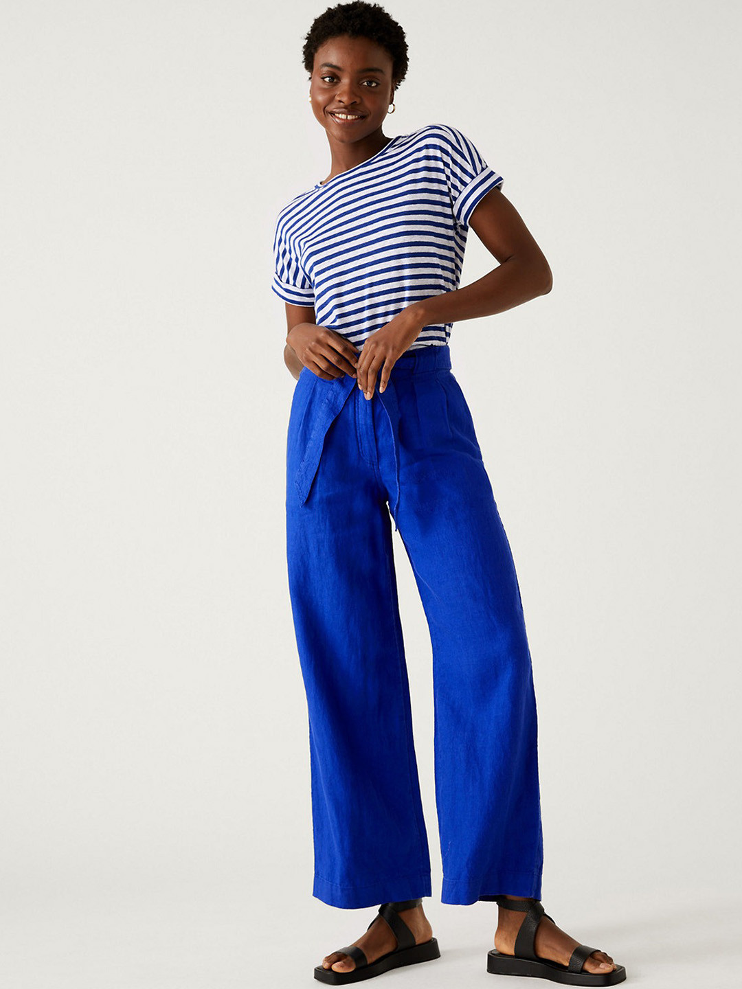 Marks & Spencer Women Wide Flared High-Rise Pleated Linen Trousers