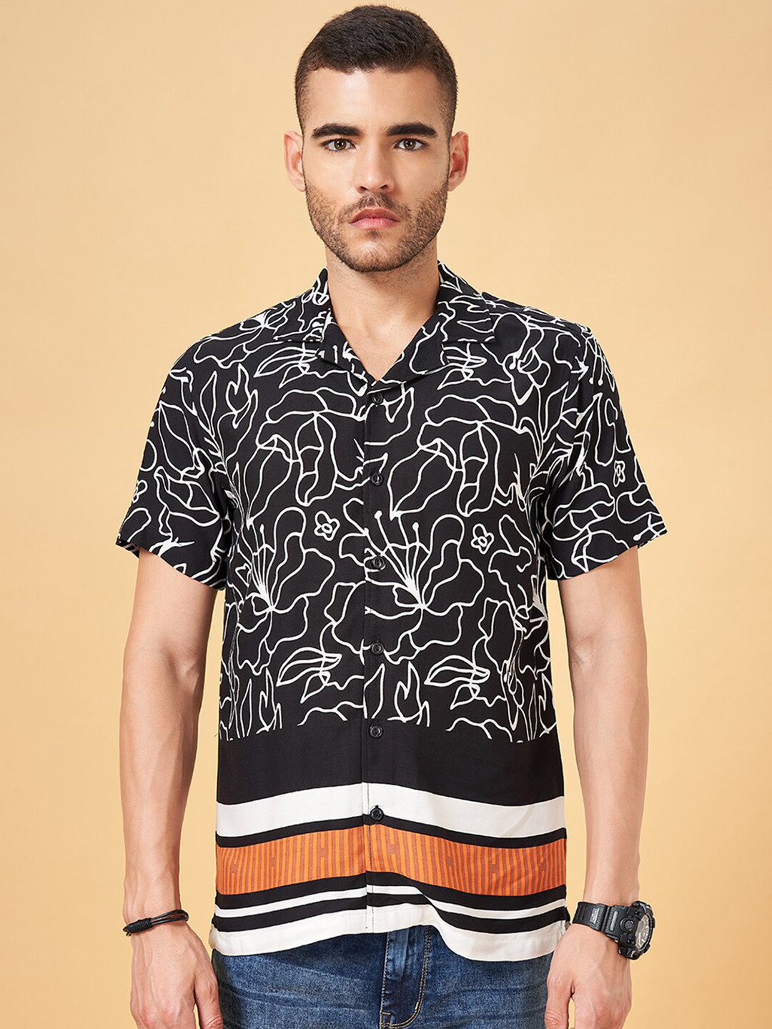 People Black Slim Fit Floral Printed Casual Shirt