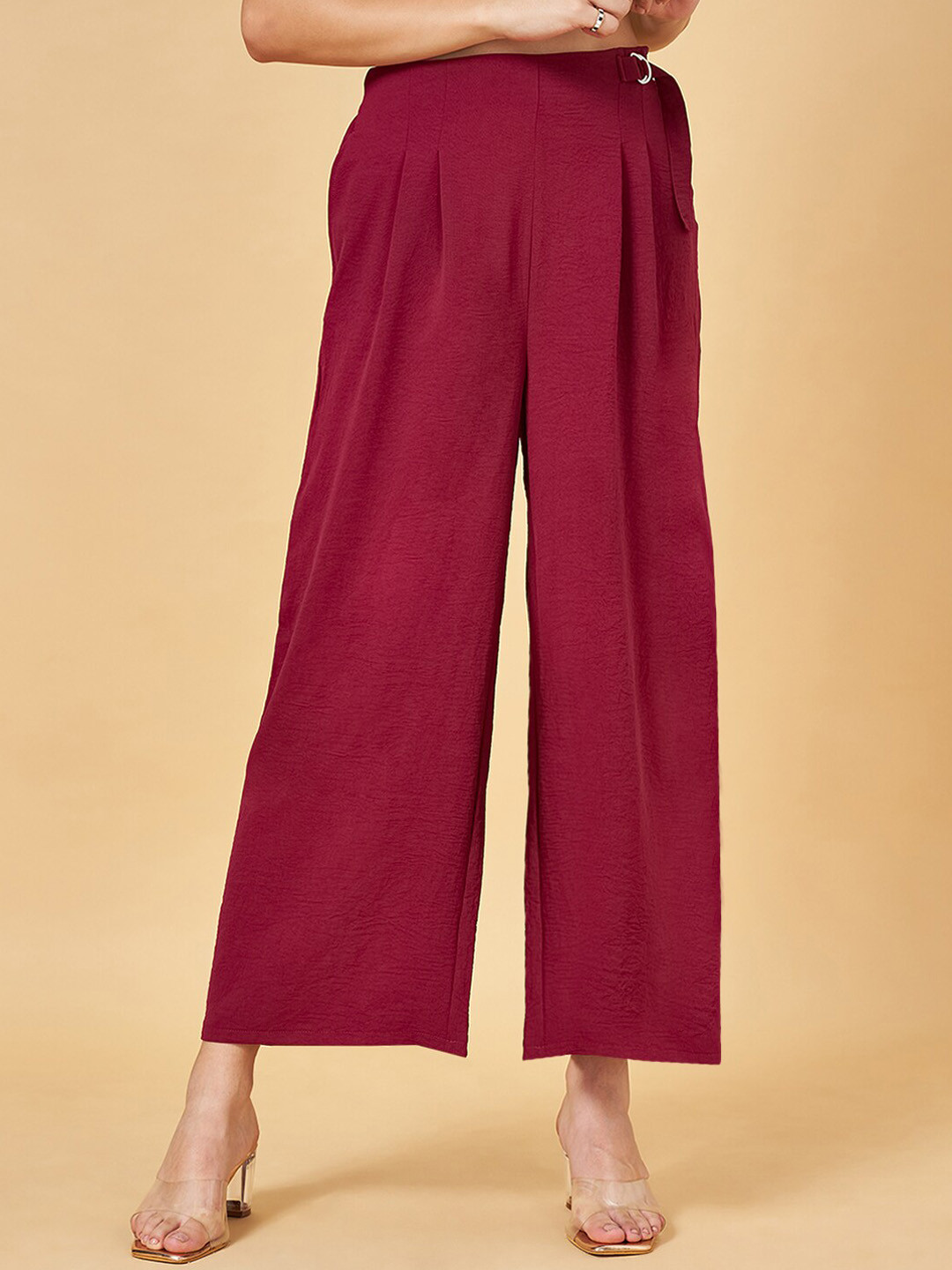 People Women Mid-Rise Flared Pleated Parallel Plain Trousers