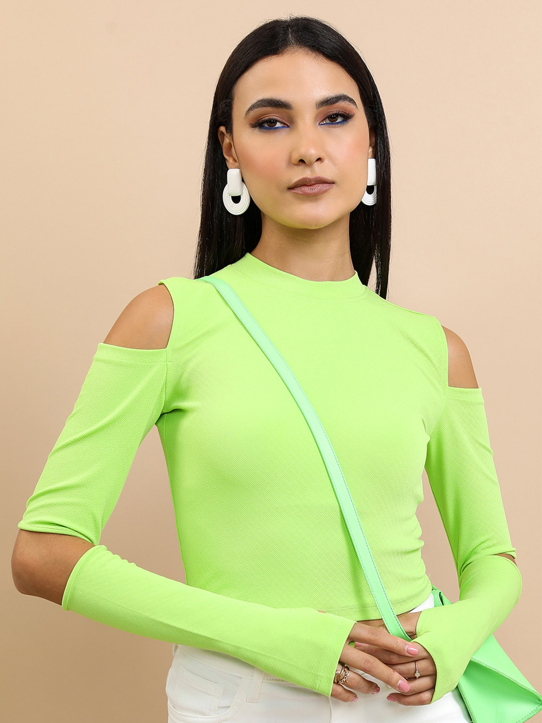 Tokyo Talkies Lime Green High Neck Cold Shoulder Top