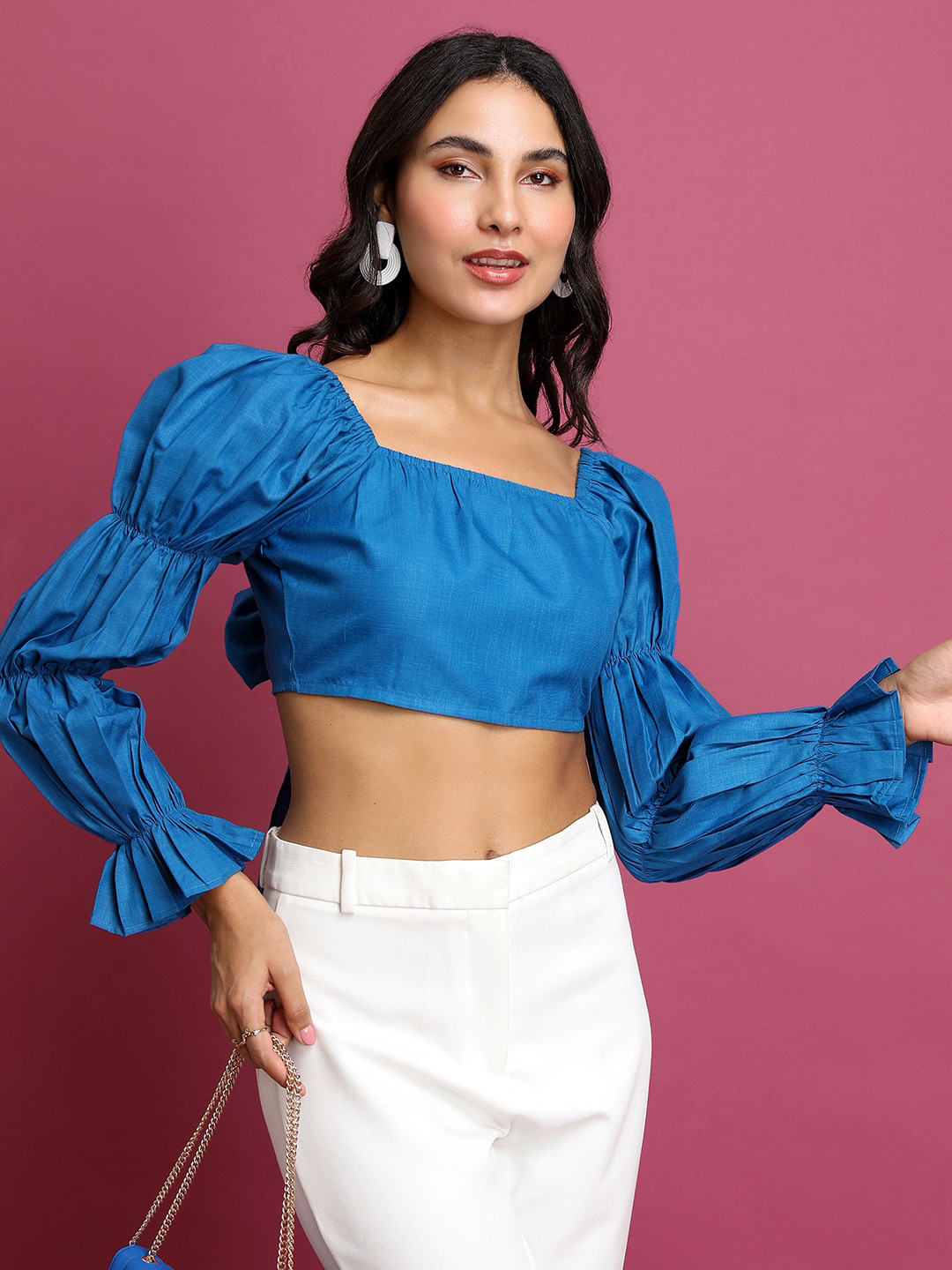 Tokyo Talkies Blue Bell Sleeve Styled Back Crop Top