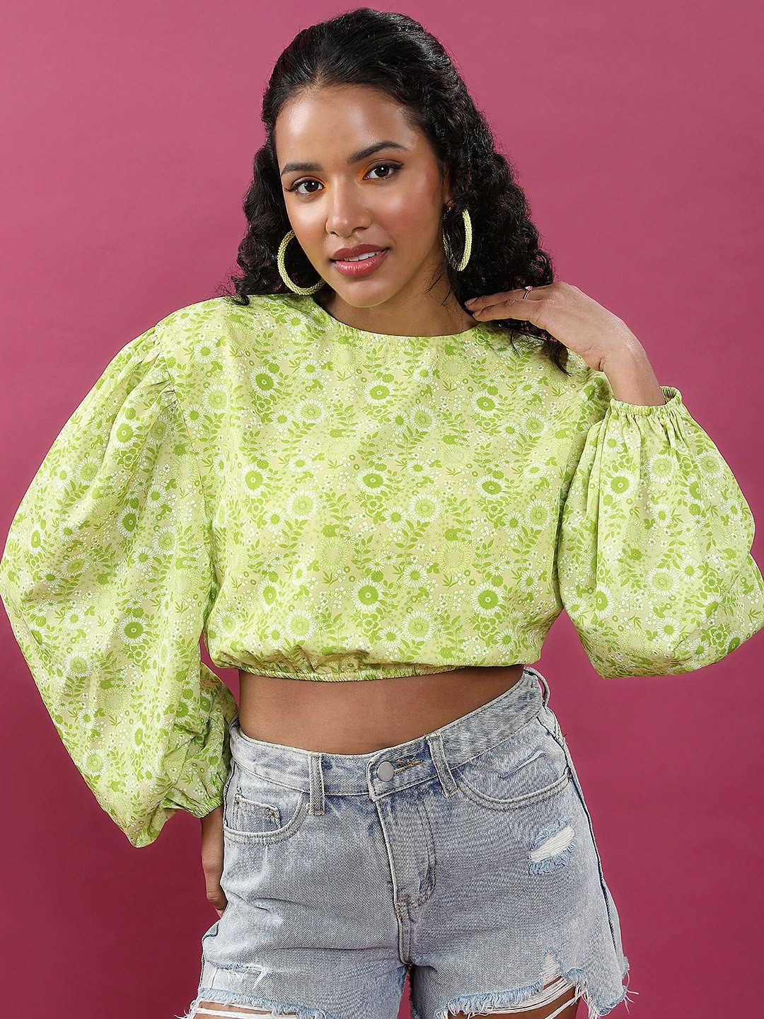 Tokyo Talkies Lime Green Floral Printed Puff Sleeves Blouson Crop Top