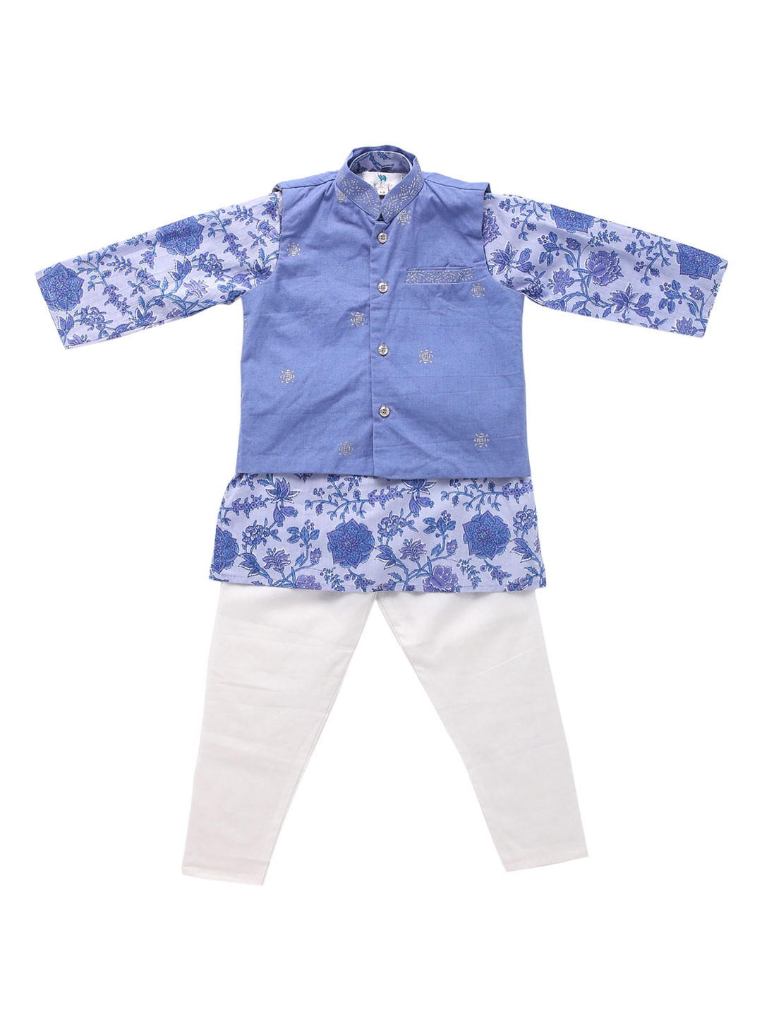 Cute Couture Boys Blue Floral Printed Straight Kurta with Pyjamas & Nehru jacket