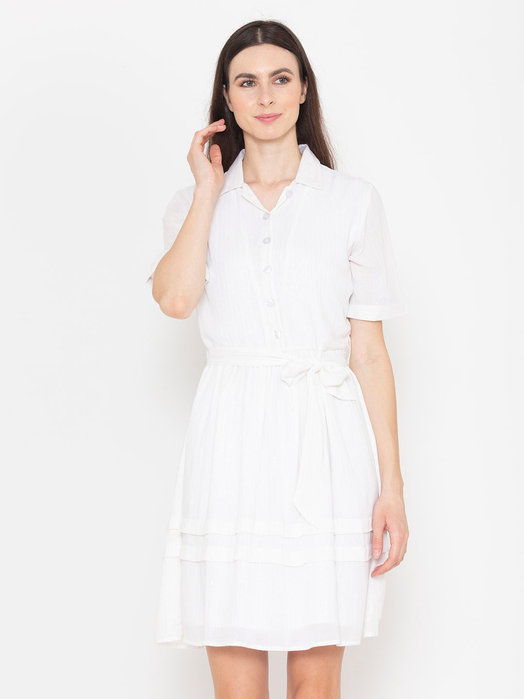 ENTELLUS Shirt Collar Short Sleeves Cotton Belted Shirt Dress