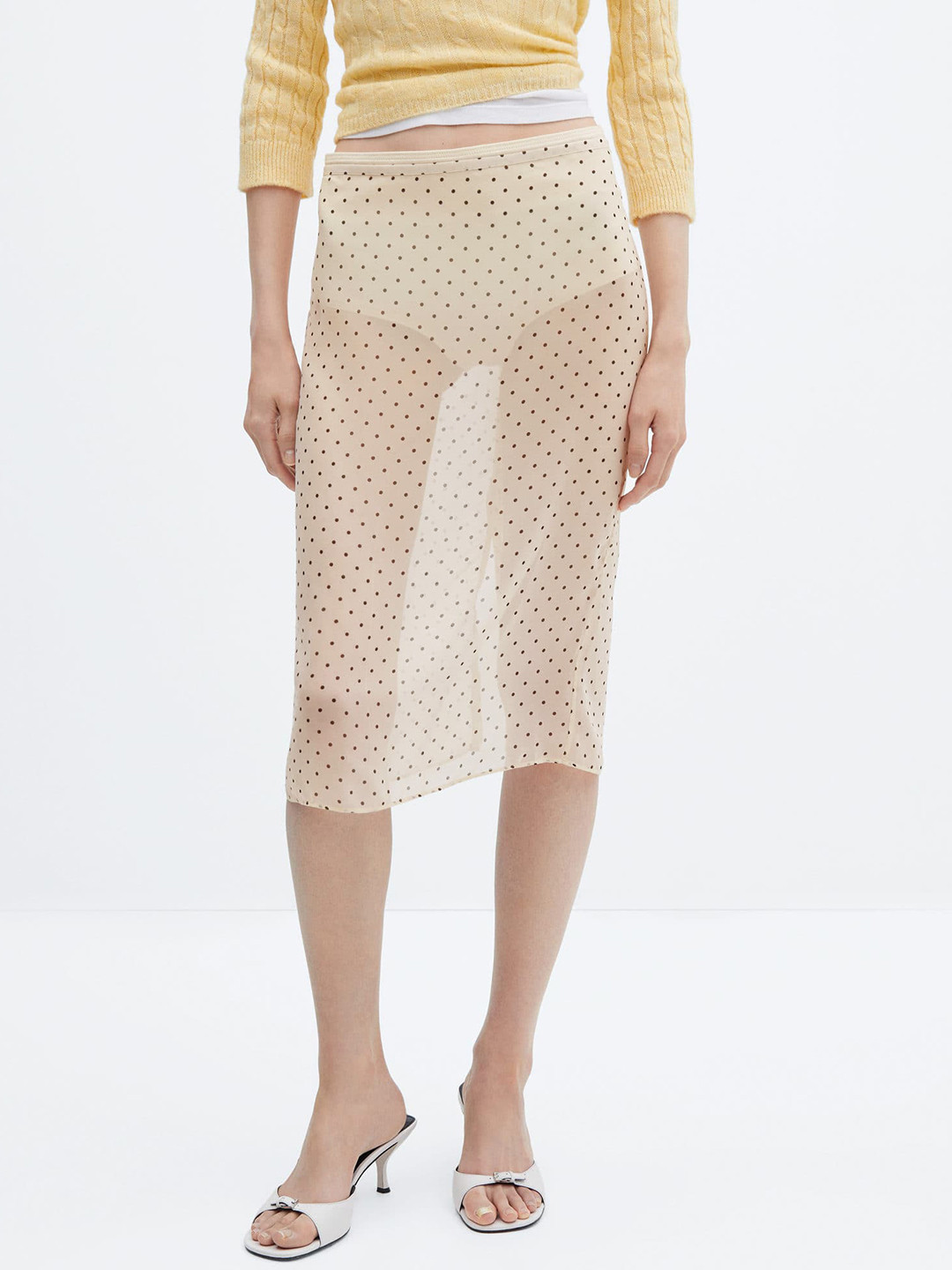 MANGO Polka Dots Printed Sheer Midi Skirt