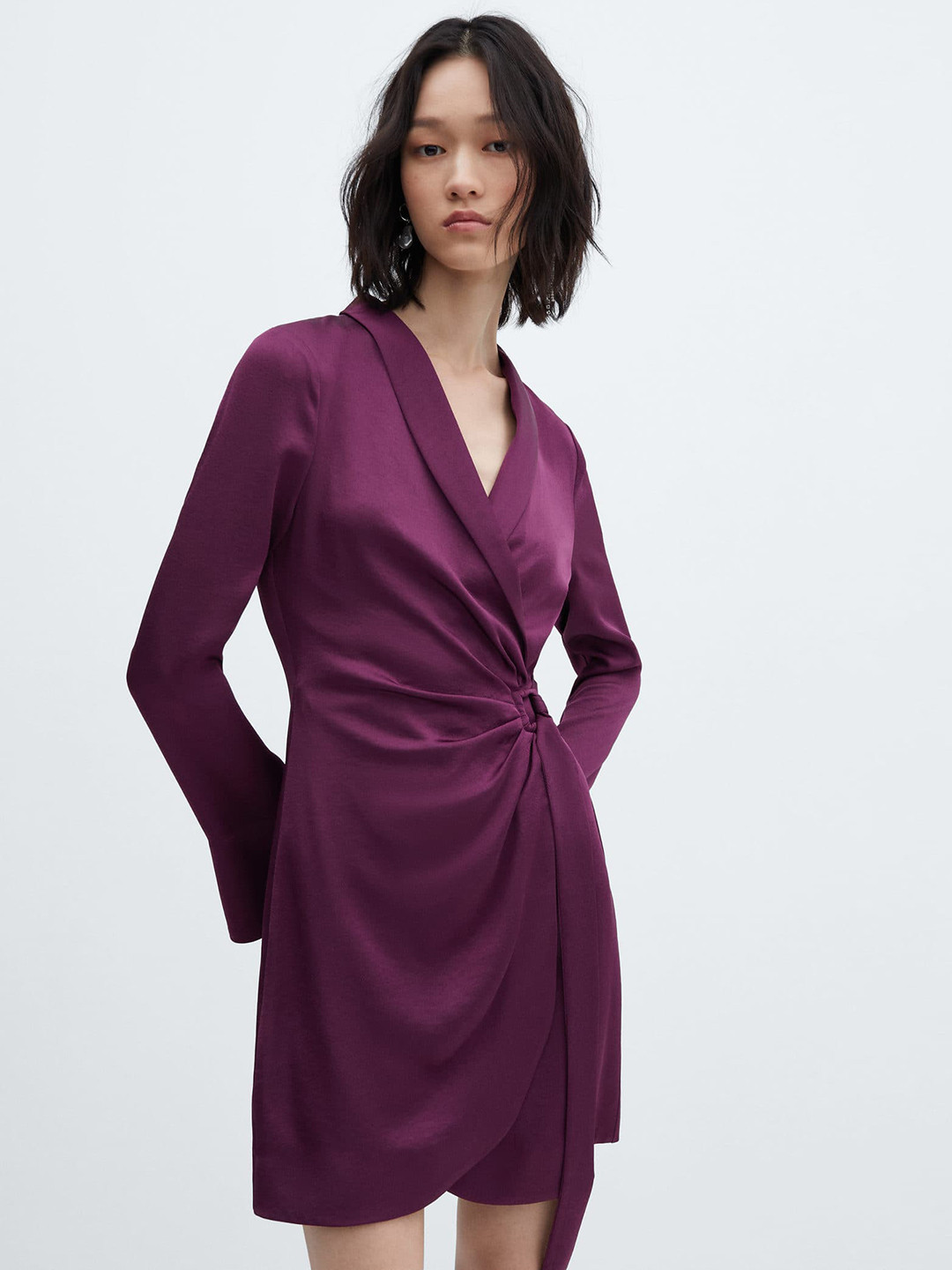 MANGO Solid Buckle Detailed Satin Mini Wrap Dress