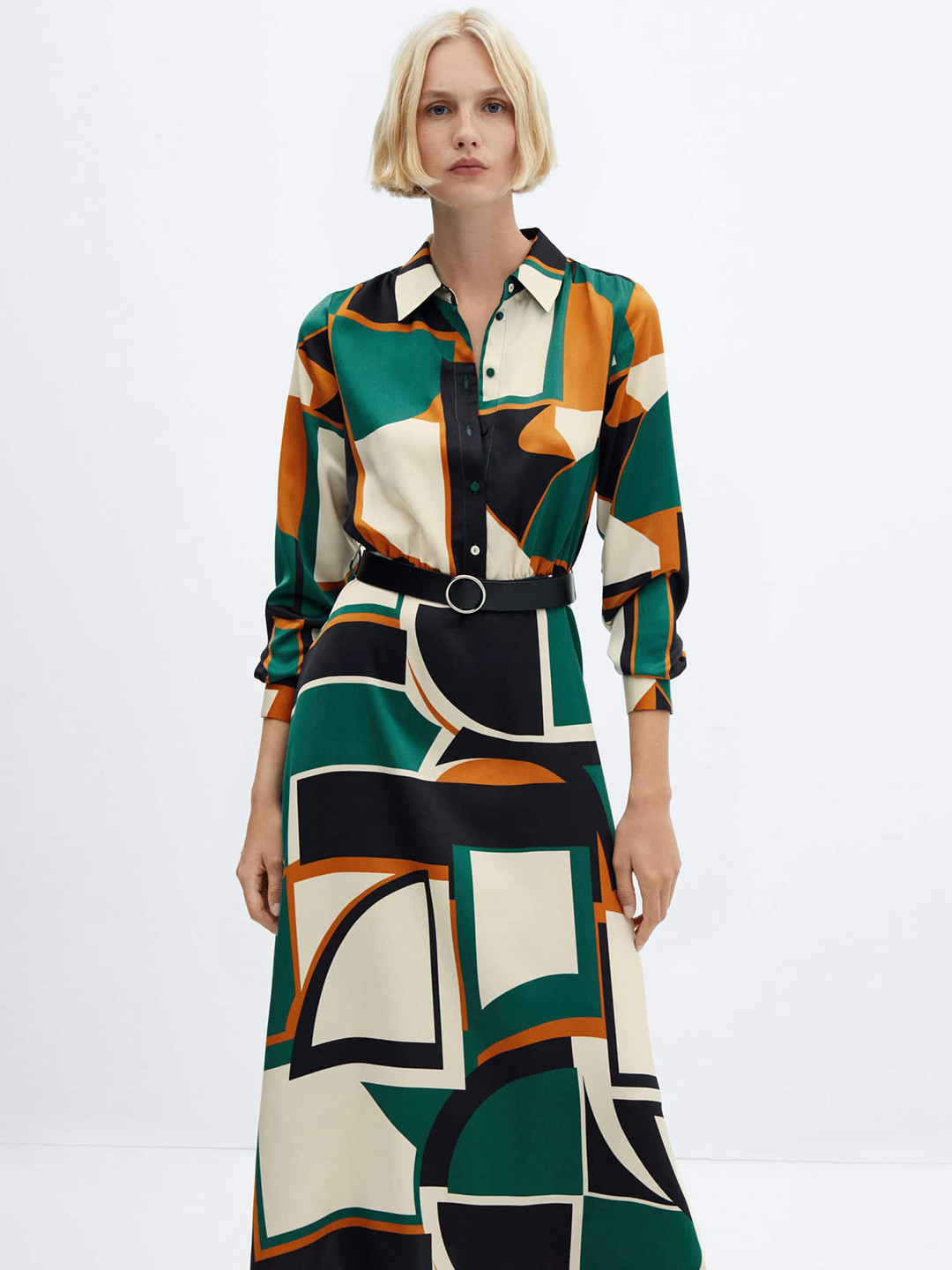 MANGO Geometric Print Belted Shirt Midi Dress