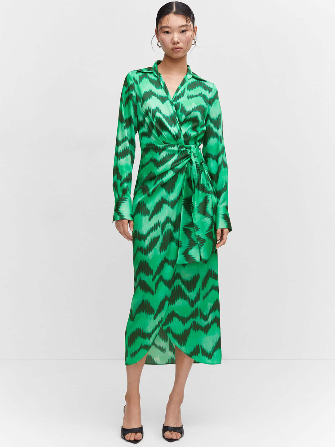 MANGO Abstract Printed Shirt Collar Satin Midi Wrap Dress