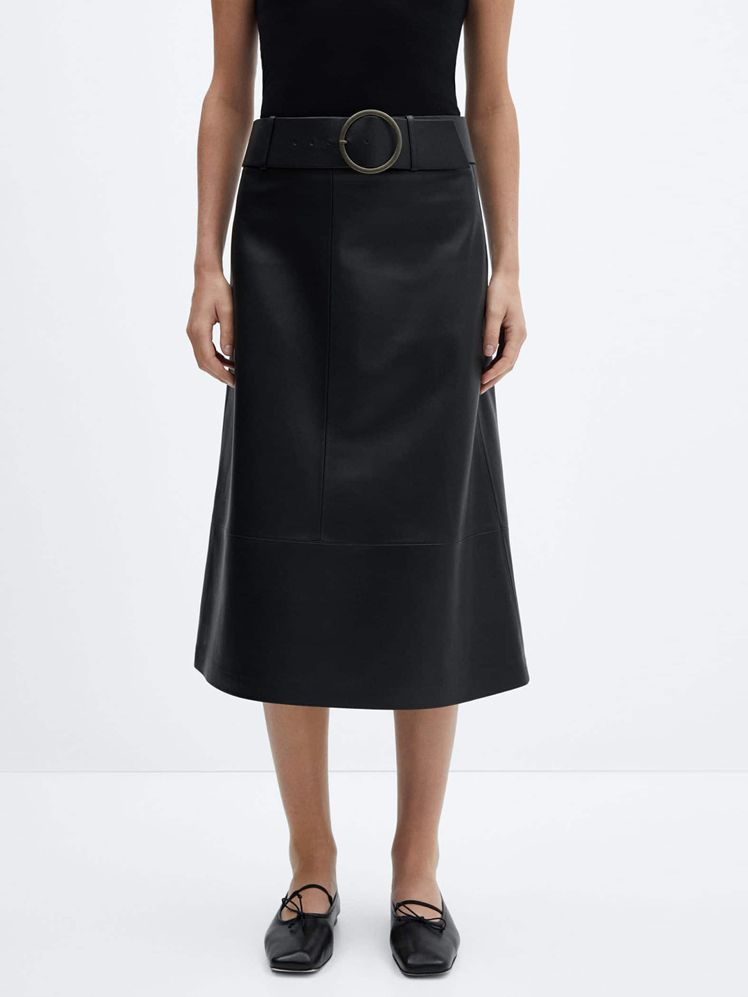 MANGO Solid A-Line Midi Faux Leather Skirt with Belt
