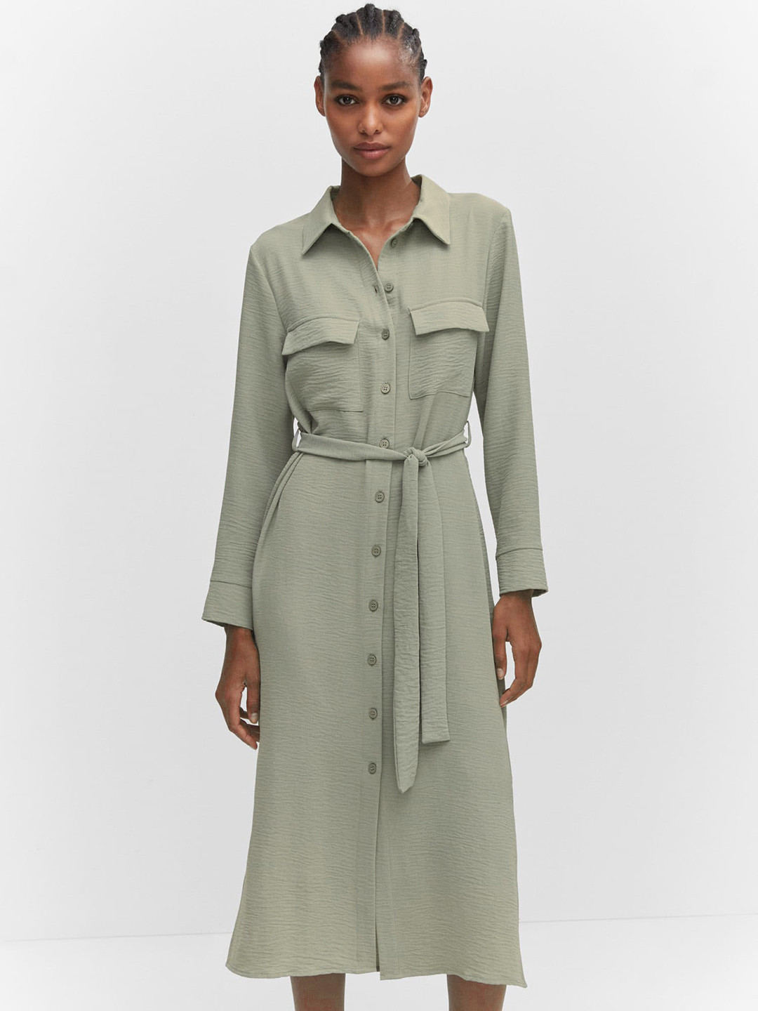 MANGO Side Slit Pocket Detail Shirt Midi Dress