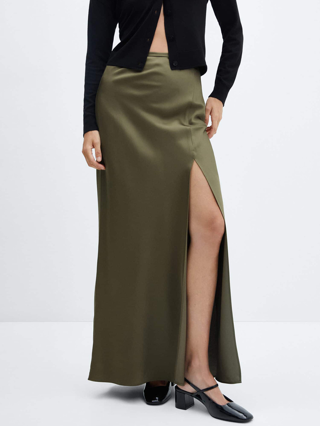 MANGO Satin High Slit Maxi Skirt