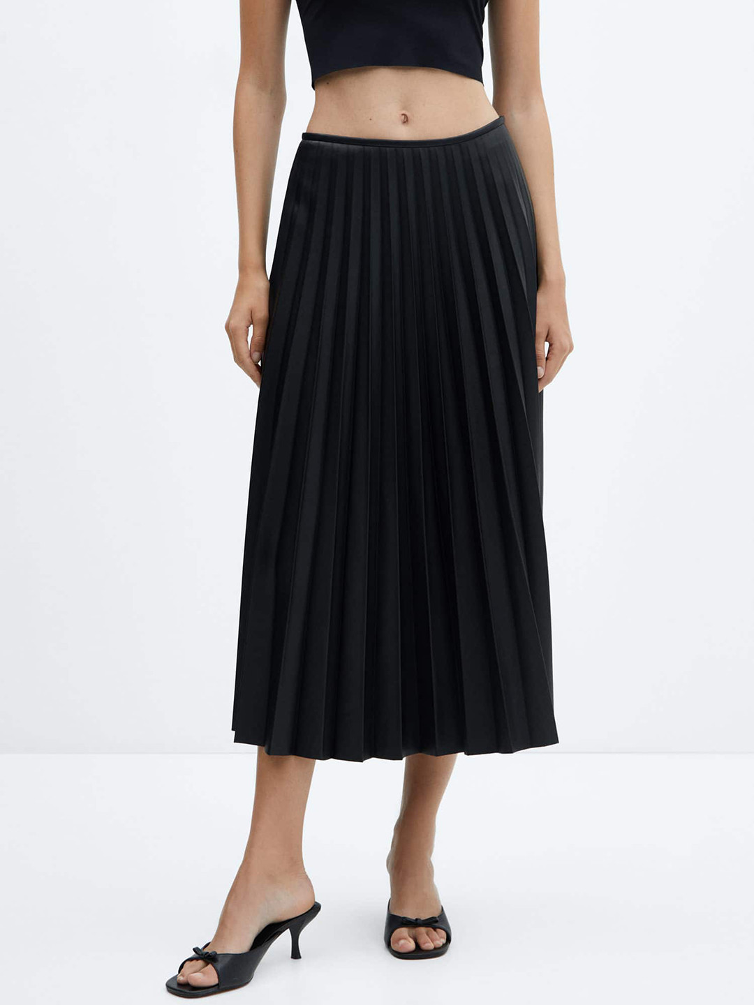 MANGO Faux Leather Accordion Pleated Flared Midi Skirt