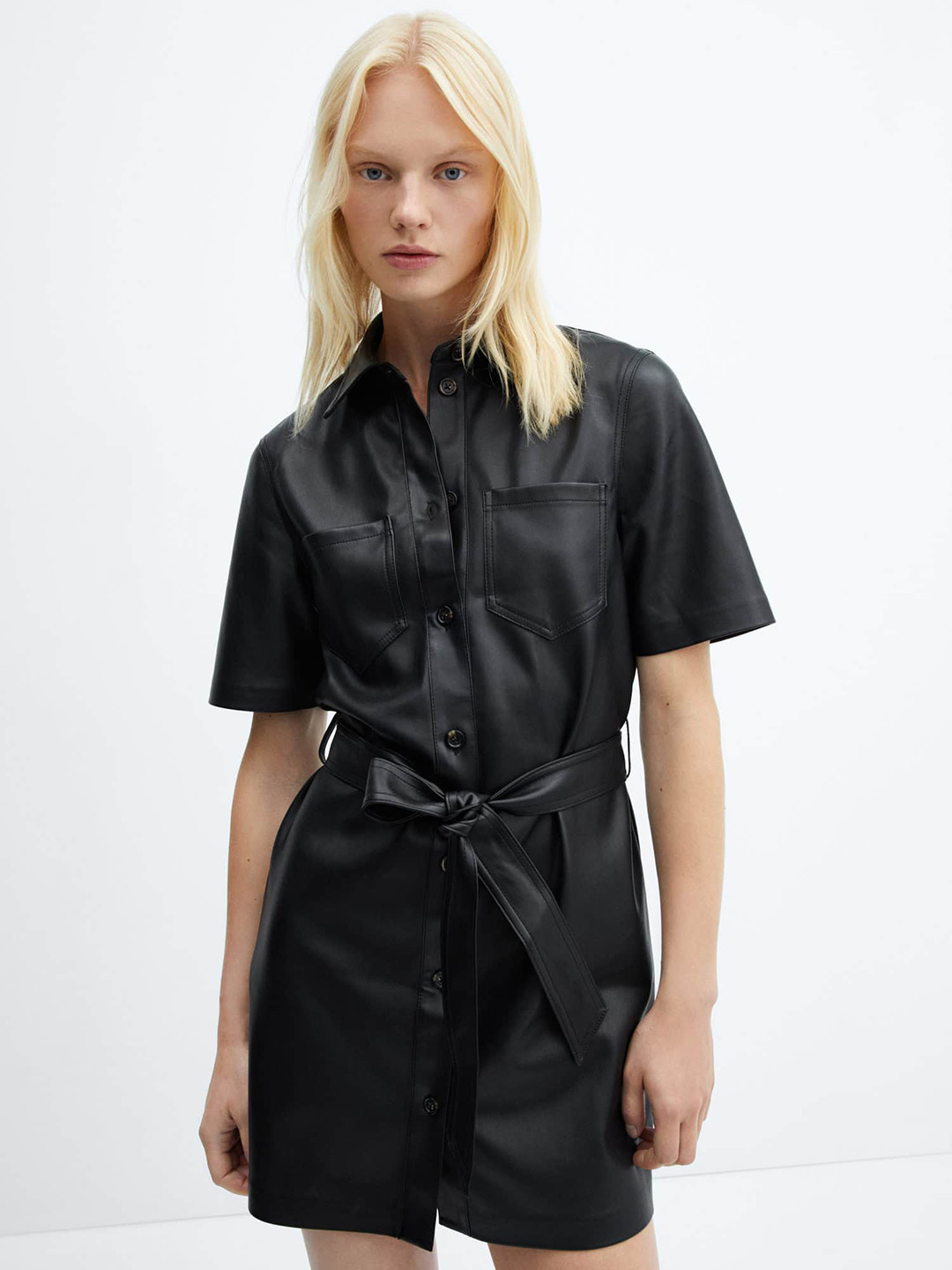 MANGO Faux Leather Belted Shirt Dress