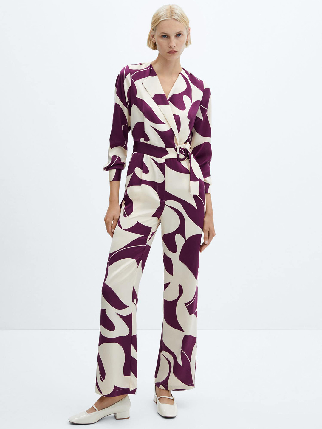 MANGO Printed Notched Lapel Collar Wrap Style Jumpsuit with Belt