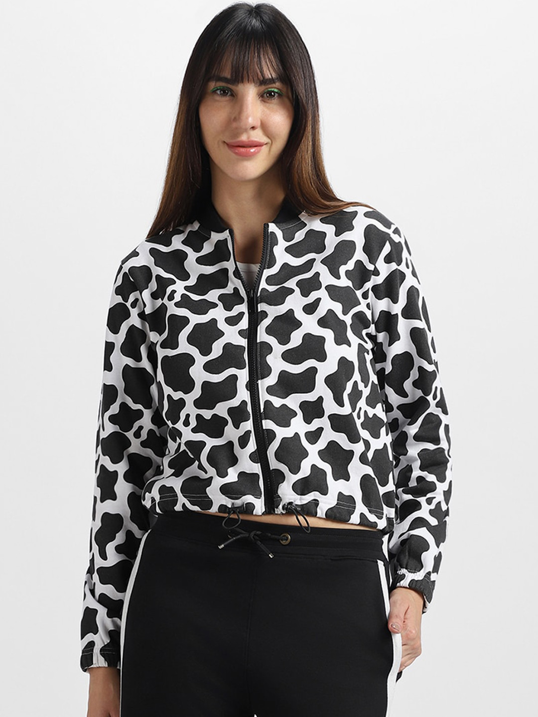 JUNEBERRY Women Black Animal Printed Cotton Fleece Hooded Crop Bomber Jacket