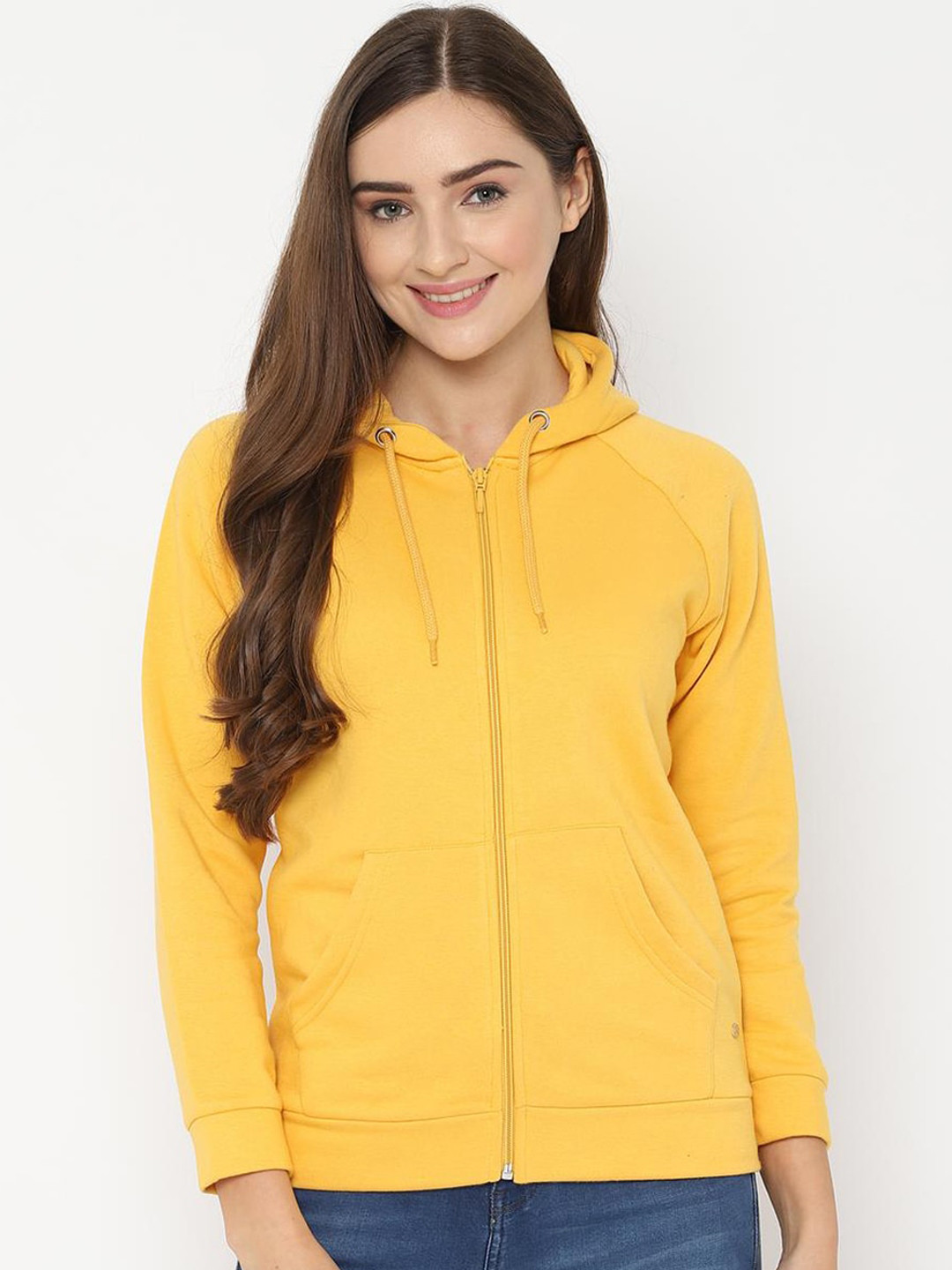 JUNEBERRY Women Yellow Solid Cotton Fleece Regular Fit Hooded Bomber Jacket