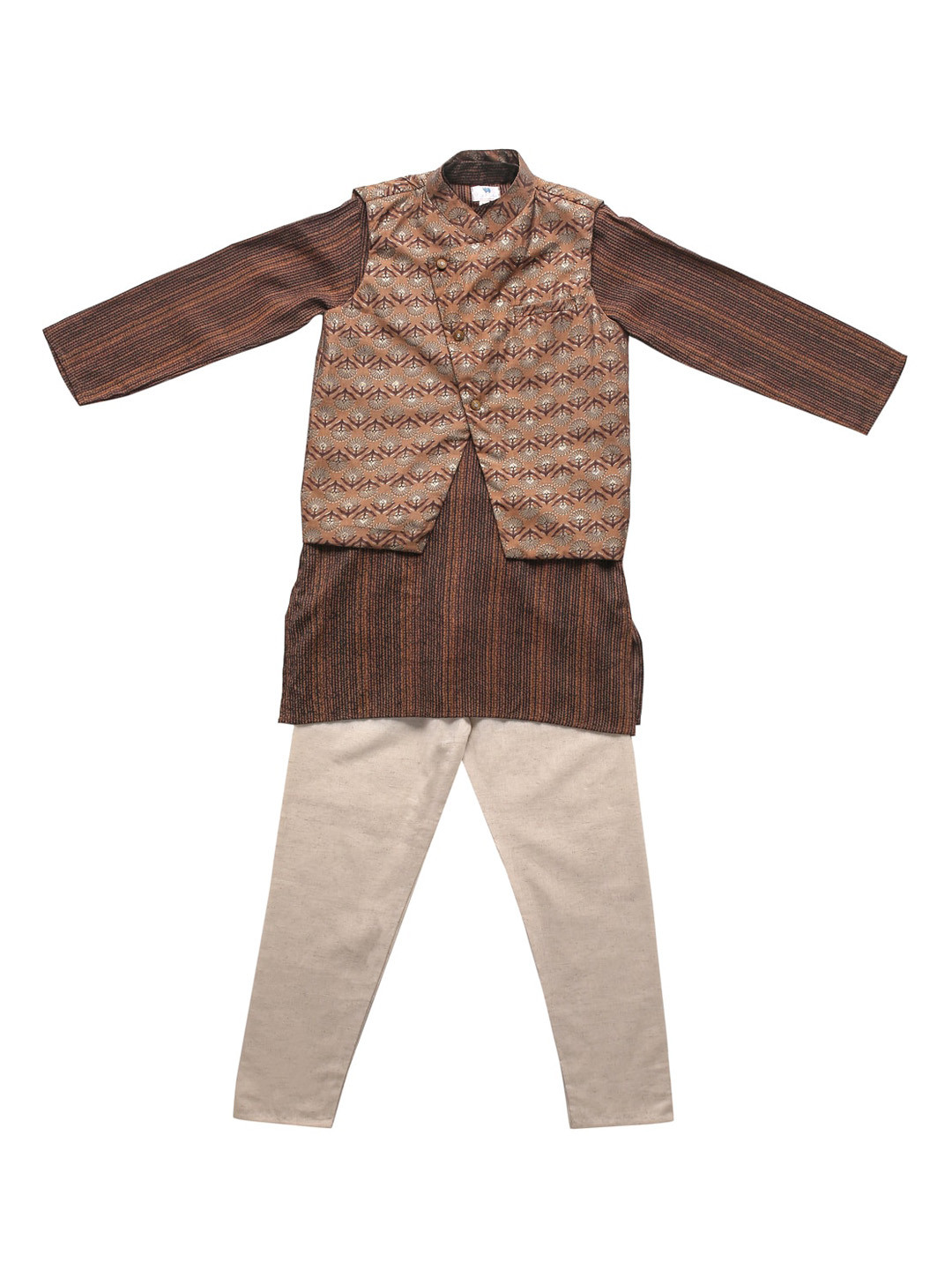 Cute Couture Boys Striped Band Collar Straight Kurta & Trouser With Jacket