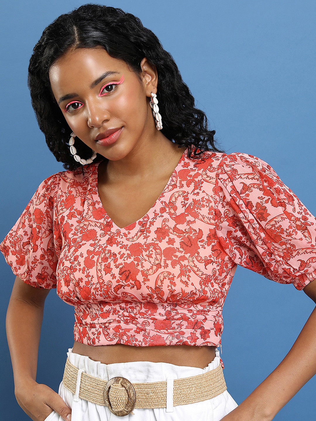 KETCH Red Floral Print V-Neck Puff Sleeves Tie Up Blouson Crop Top