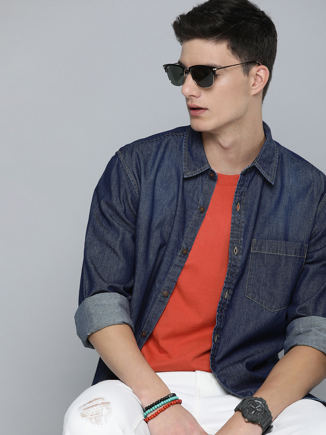 R.Code by The Roadster Life Co. Denim Pure Cotton Casual Shirt