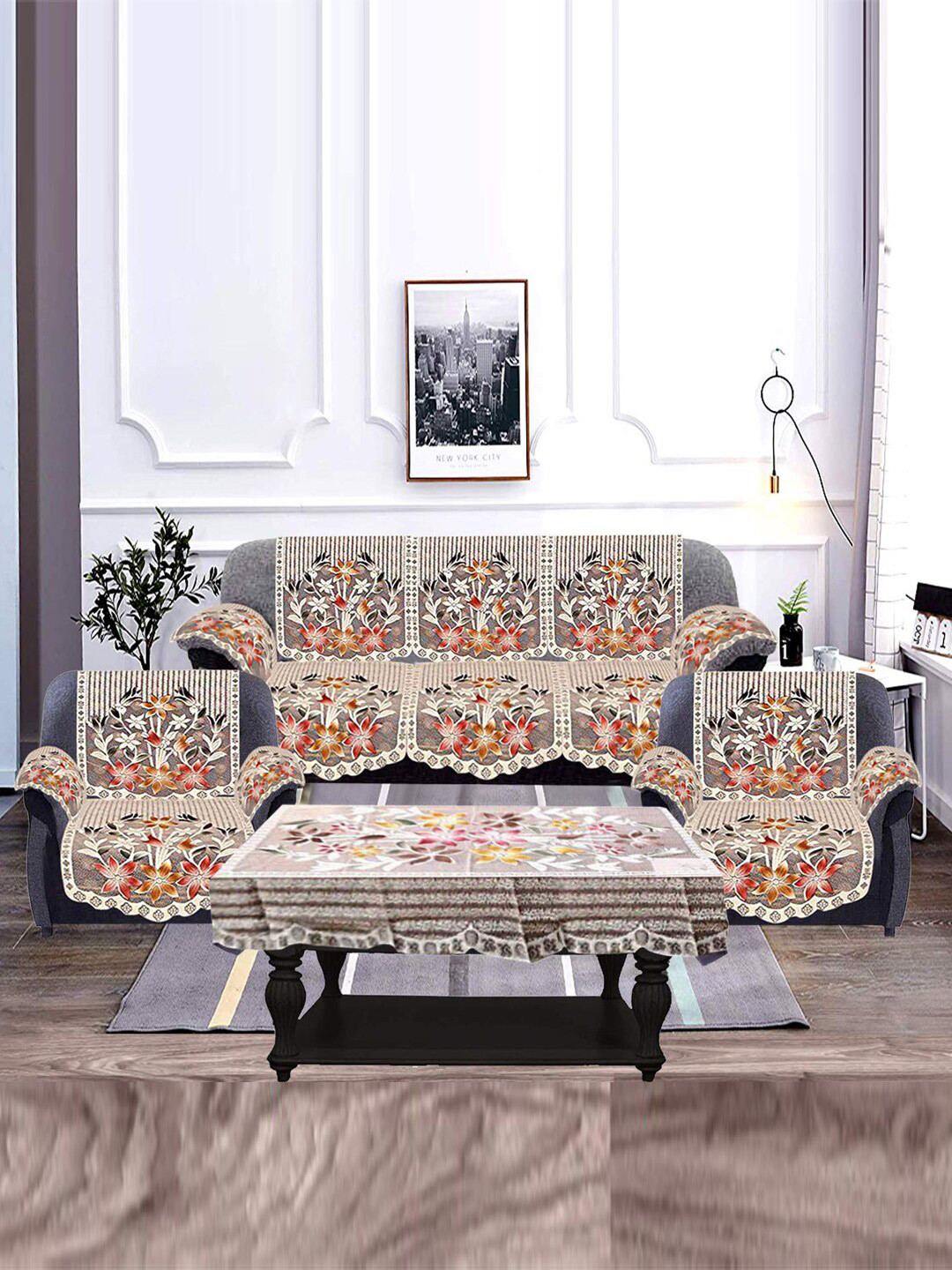 Kuber Industries Brown Set of 17 Cotton Sofa Cover with Arms & Center Table Cover