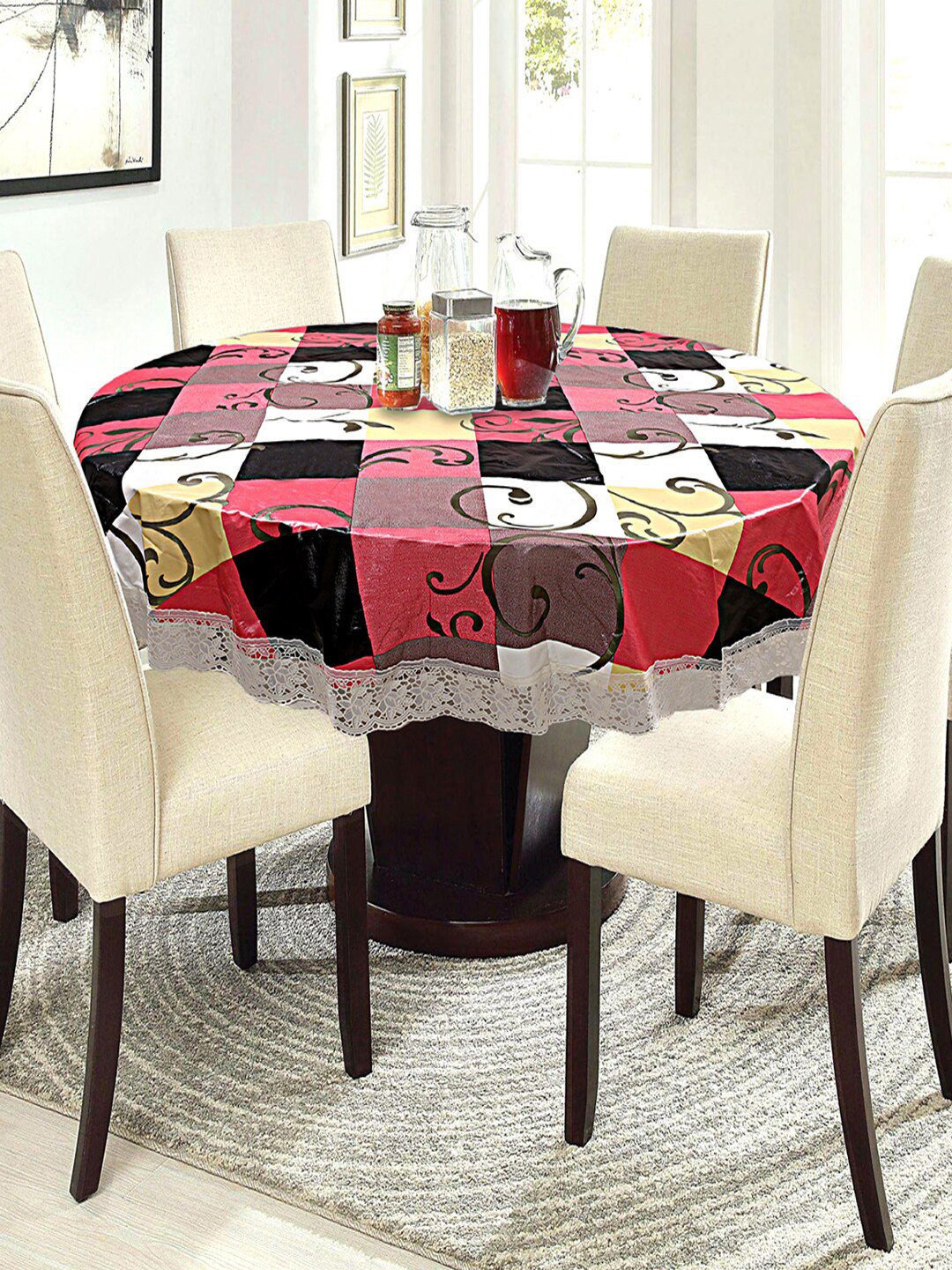 Kuber Industries Pink & Black Printed 6-Seater 72 inch  Round PVC Table Cover Waterproof