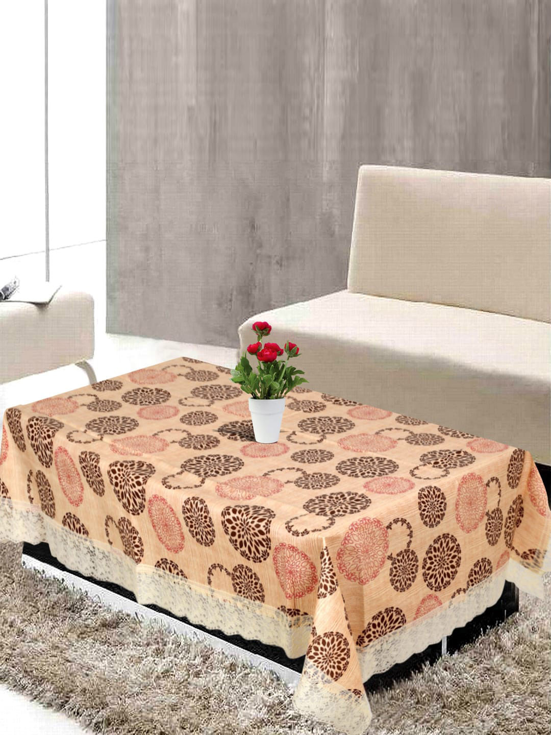 Kuber Industries Cream-Coloured & Red Printed 4-Seater Rectangular Table Cover