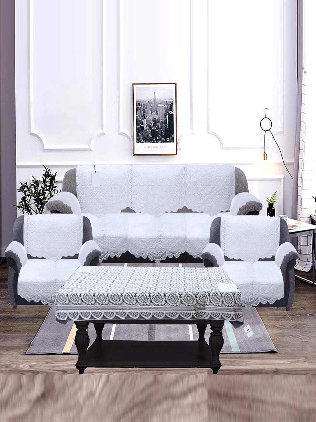 Kuber Industries Set of 17 White Cotton Sofa Cover with Arms & Center Table Cover