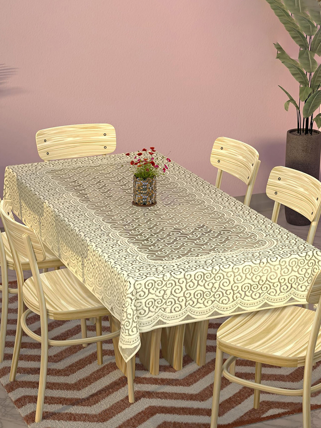 Kuber Industries Cream Zig Zag Self-Design 6-Seater Rectangular Table Cover