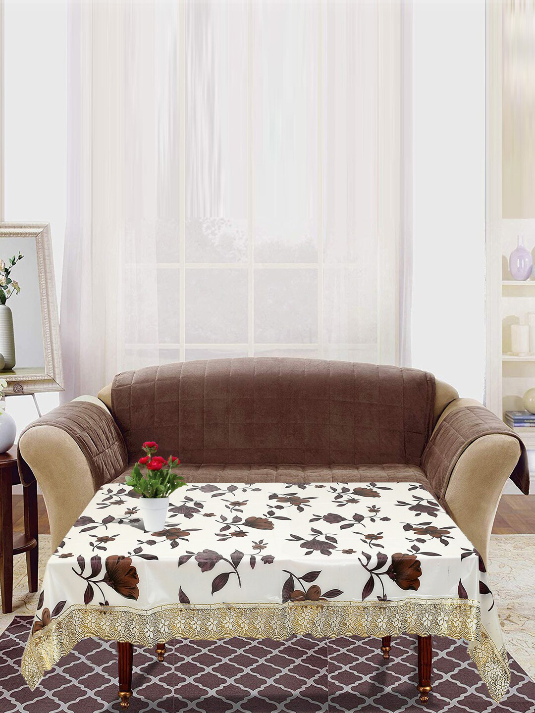 Kuber Industries Cream-Coloured & Brown Printed 4-Seater Rectangular Table Cover