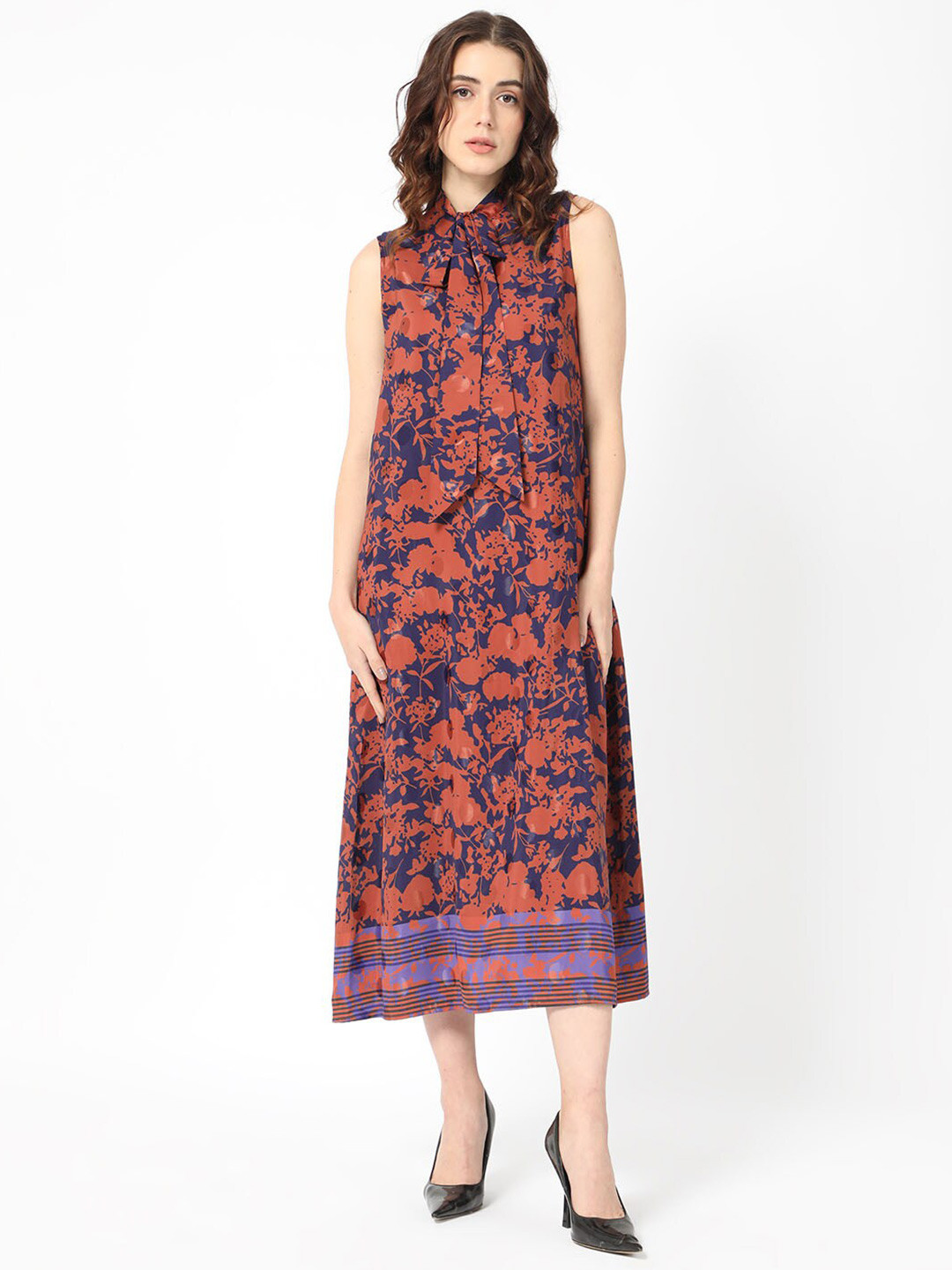 RAREISM Ellu Floral Printed Tie-Up Neck A-Line Midi Dress