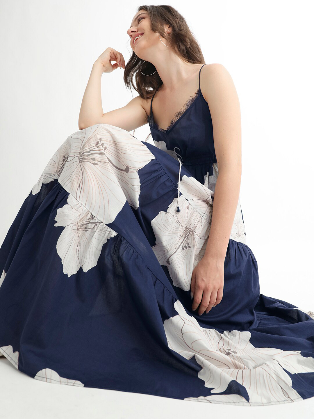 RAREISM Acker Floral Printed Tie-Ups Tiered Cotton Midi A-Line Dress