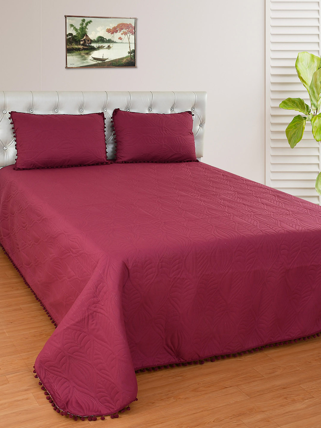 MORADO Mauve Woven Design 249 TC Double Queen Bed Cover With 2 Pillow Covers