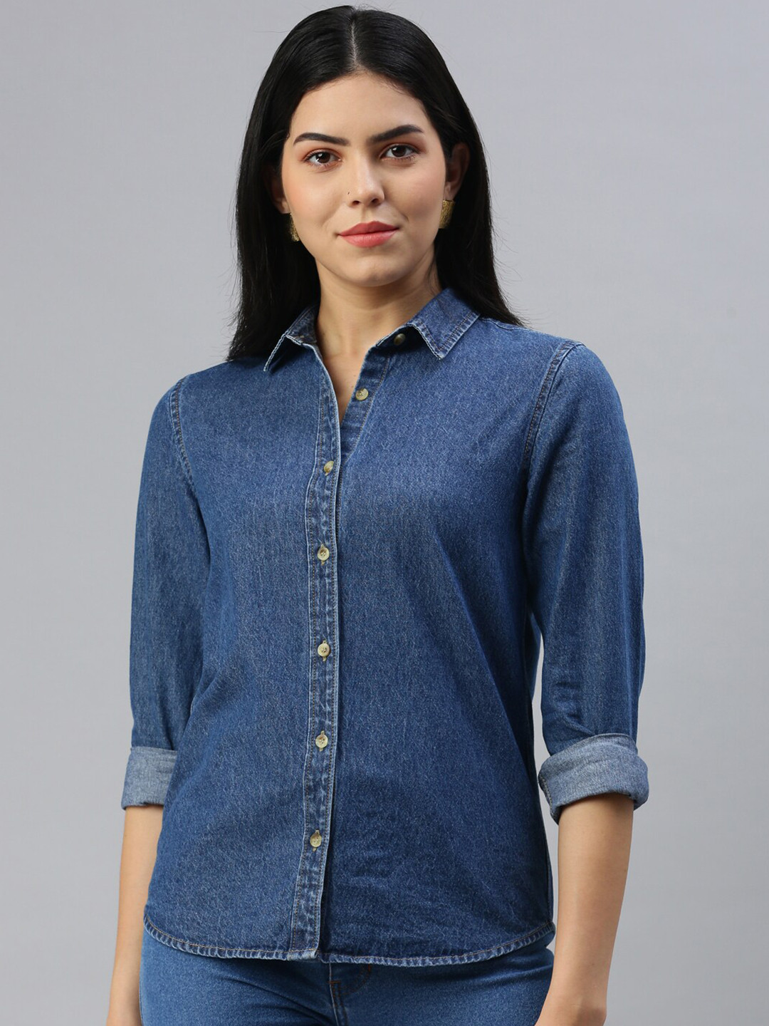 De Moza Denim Spread Collar Long Sleeves Cotton Casual Shirt
