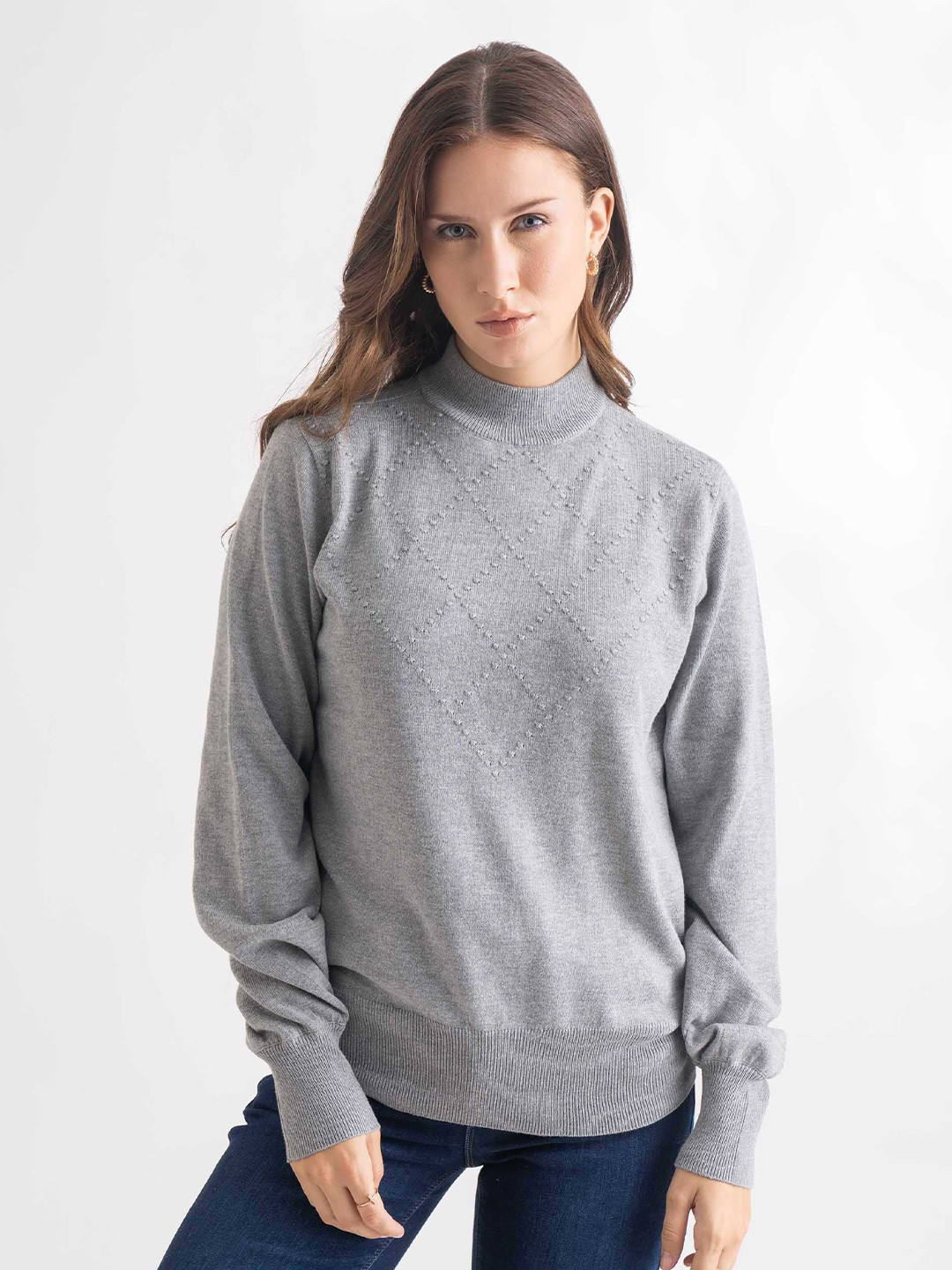 B.Copenhagen Checked Self Design Turtle Neck Pullover Sweater