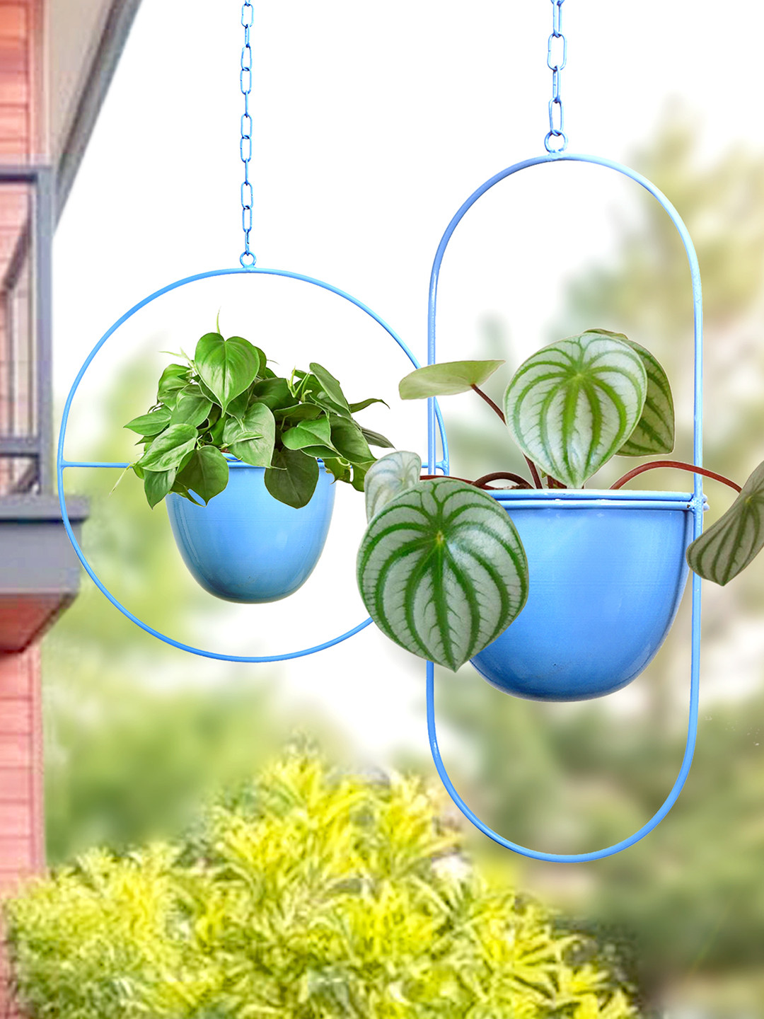Homesake Turquoise Blue 2 Pieces Round & Oval Planters With Hanging Metal Pot Stands