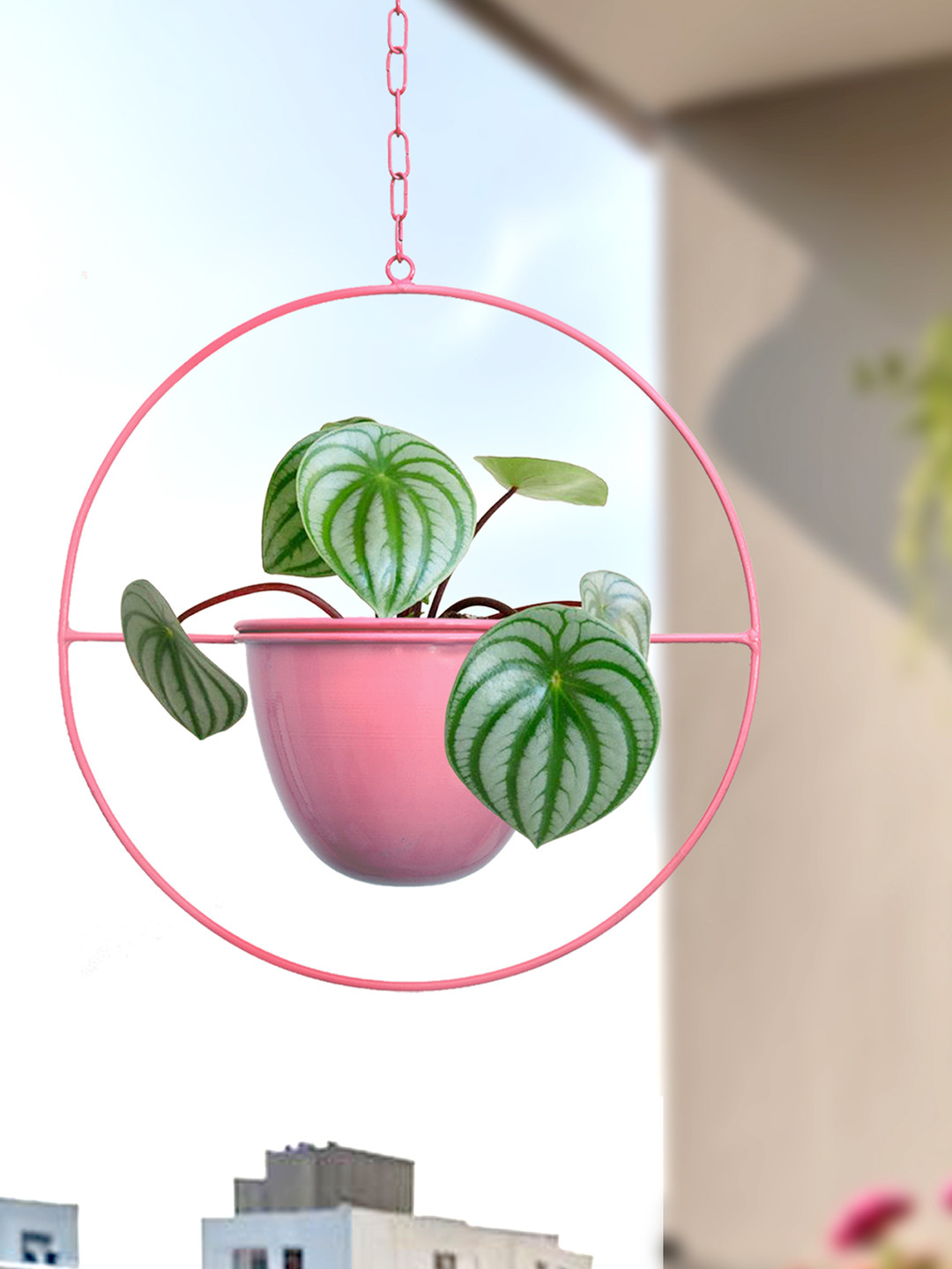 Homesake Pink Round Planter With Hanging Metal Pot Stand