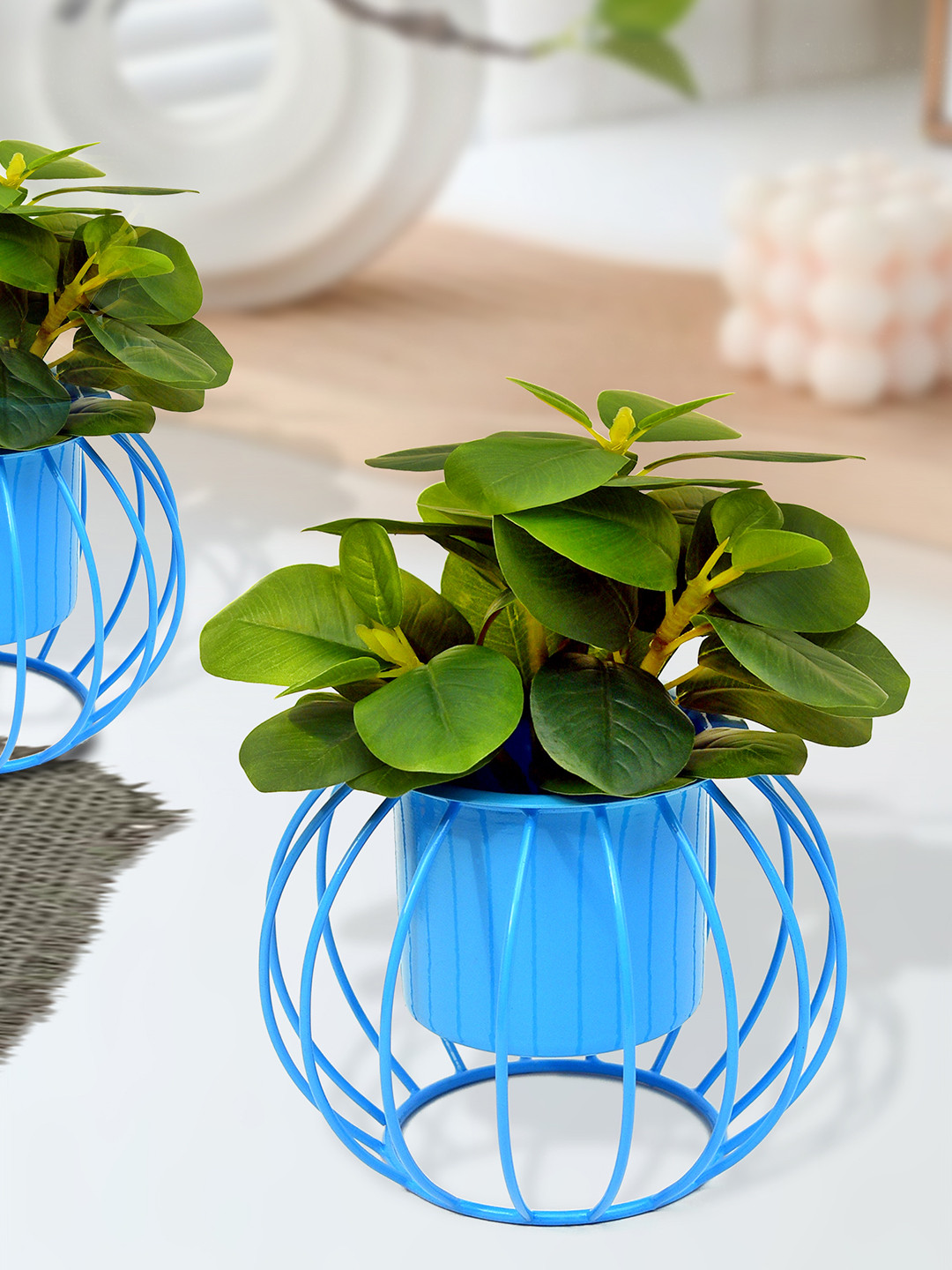 Homesake Turquoise Blue 2 Pieces Round  Planters With Metal Pot Stands