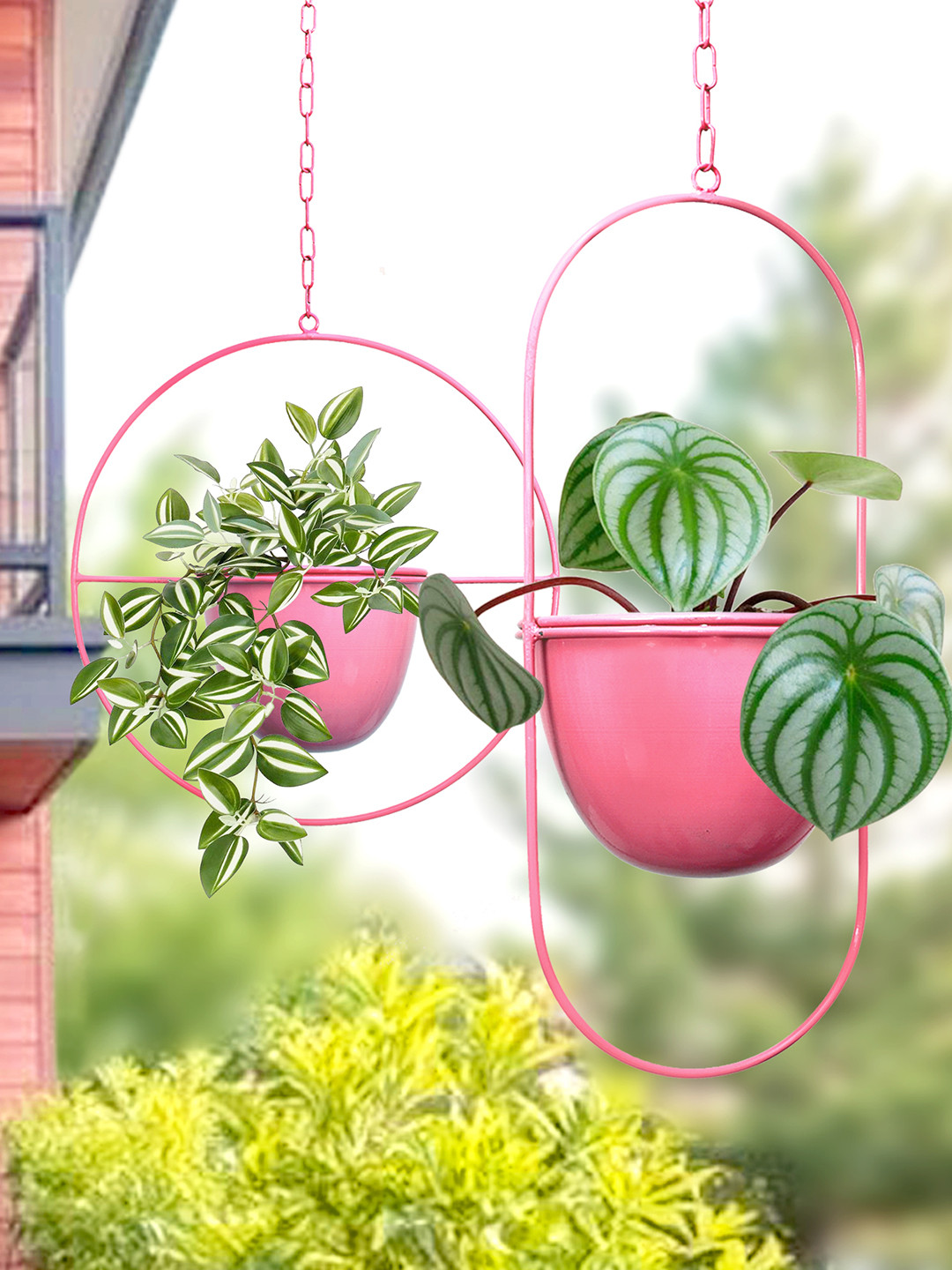 Homesake Pink 2 Pieces Round & Oval Planters With Hanging Metal Pot Stands