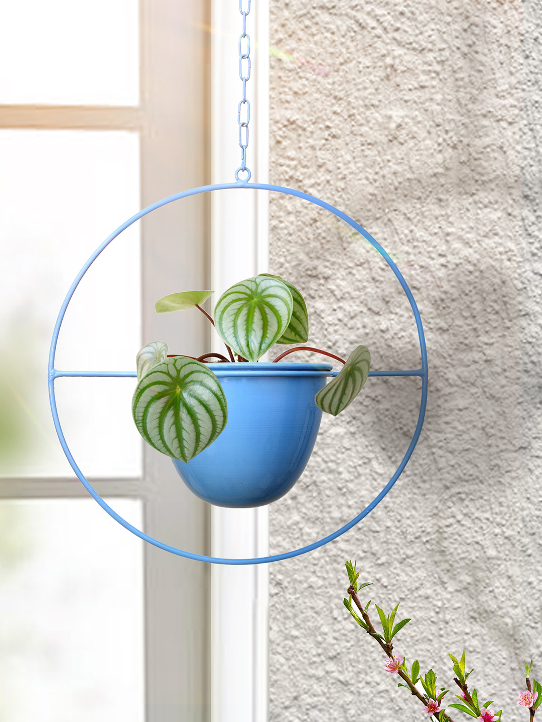 Homesake Turquoise Blue Round Planter With Hanging Metal Pot Stand