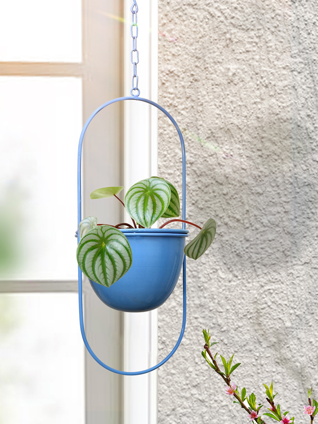 Homesake Turquoise Blue Oval Planter With Hanging Metal Pot Stand