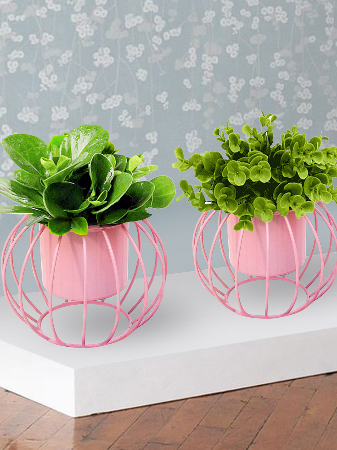 Homesake Pink 2 Pieces Round  Planters With Designer Metal Pot Stands