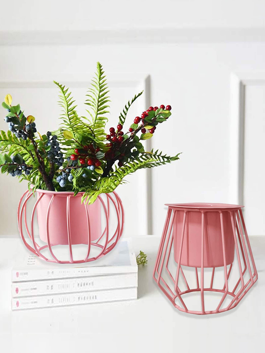 Homesake Pink 2 Pieces Round & Oval Planters With Designer Metal Pot Stands