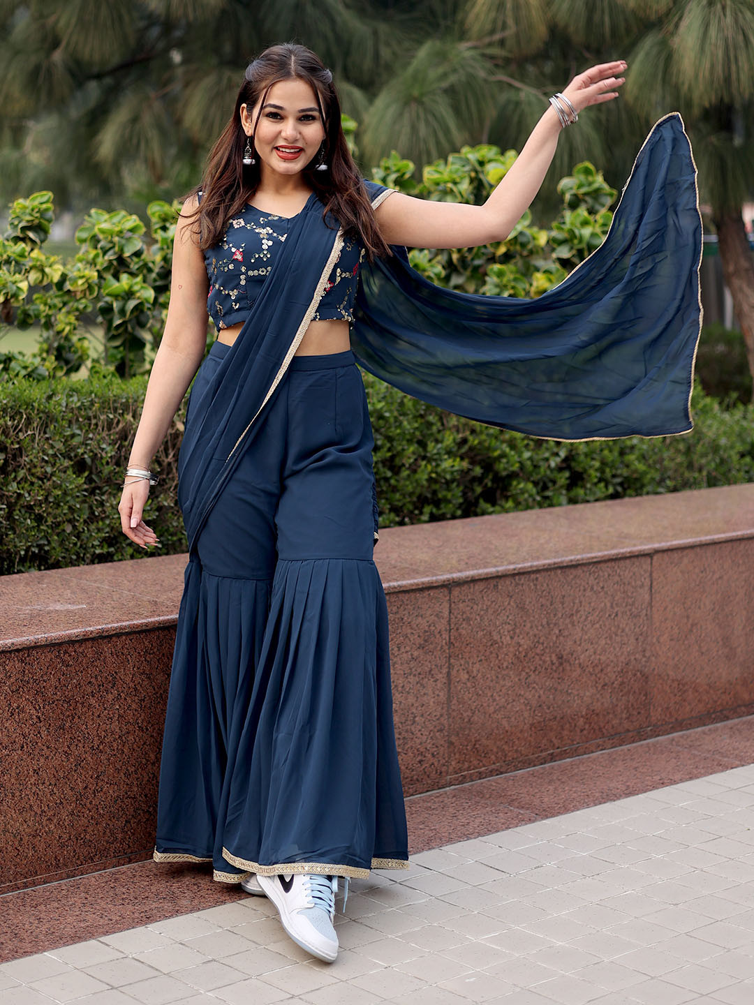 Libas Sequinned Poly Georgette Ready to Wear Sharara Saree