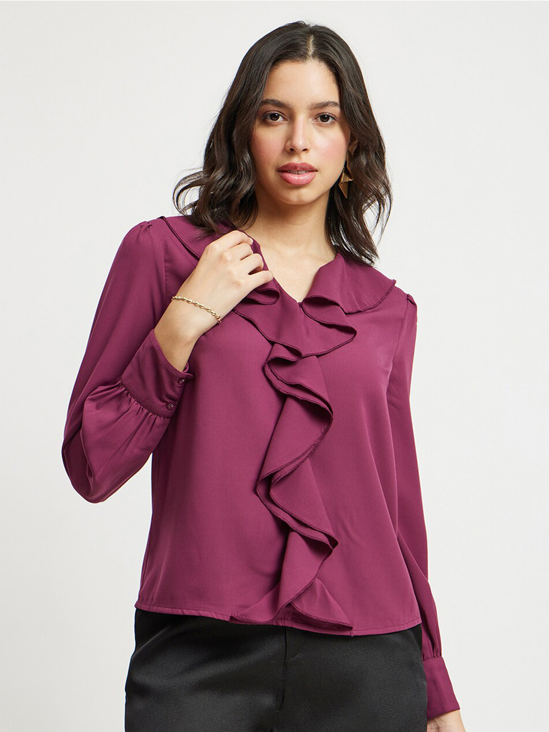 FableStreet V Neck Cuffed Sleeve Ruffles Maroon Top