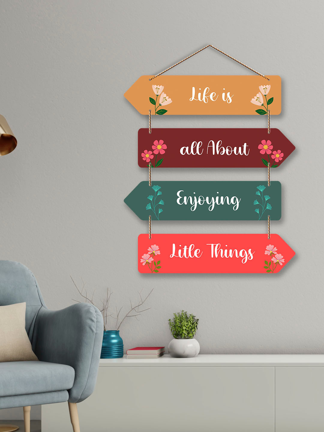 ArtVibes Life is Things Quotes Wood Floral Matte Hanging Hall Wall Hangings-18.1In