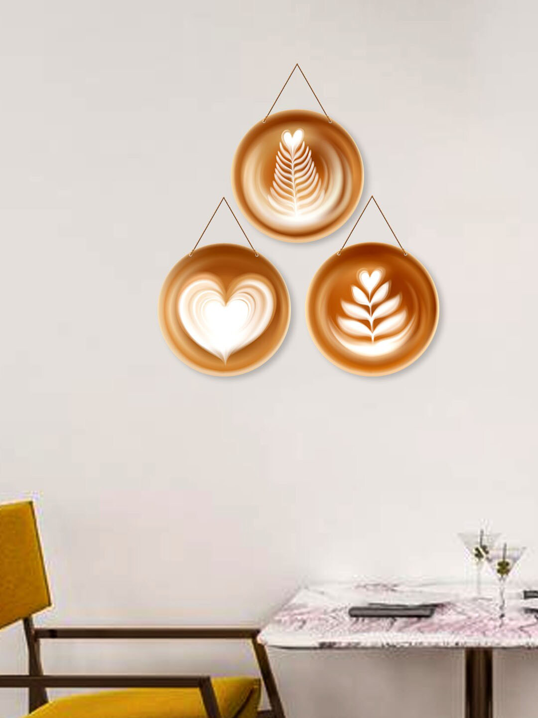 ArtVibes Coffee Latte Wood Crafted Ceramics Matte Hanging Hall 3Pcs Wall Hangings-11In