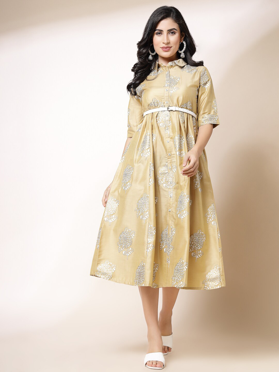 all about you Beige Floral Printed Shirt Collar Gathered Fit & Flare Midi Ethnic Dress
