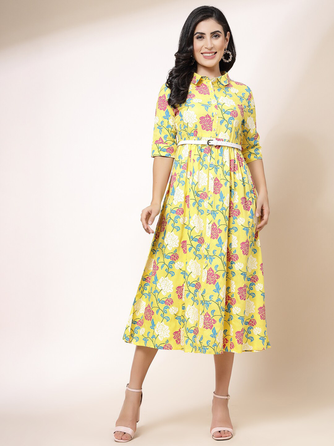 all about you Yellow Floral Printed Shirt Collar Gathered Fit & Flare Midi Ethnic Dress