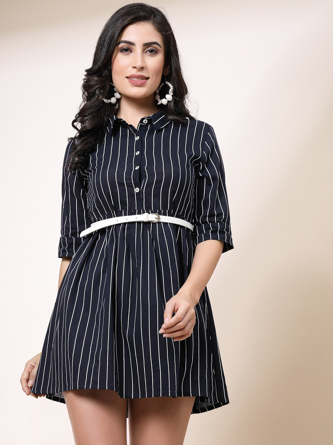 all about you Blue Striped Shirt Collar Belted Fit & Flare Mini Dress