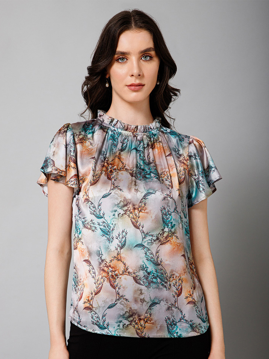 PURYS Floral Printed Flutter Sleeve Satin Top